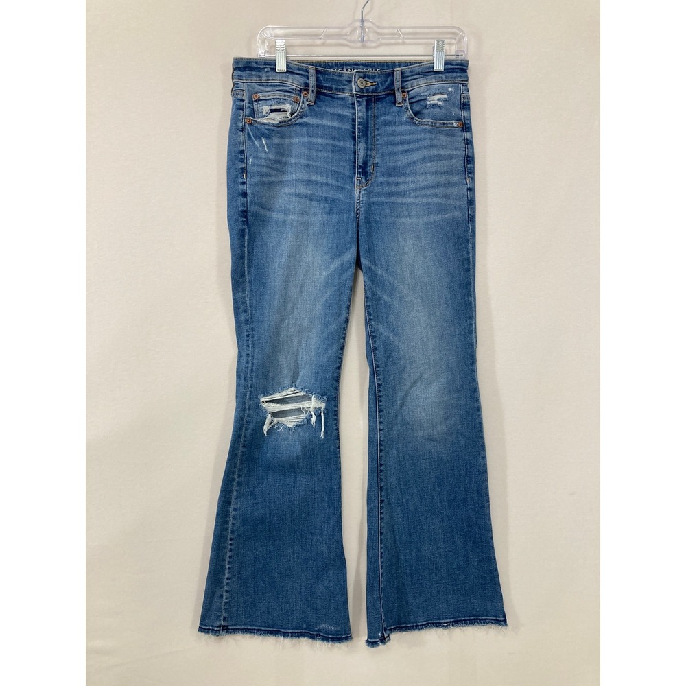 American Eagle Super Hi-Rise Flare Jeans 6 Short Distressed Denim Stretch
